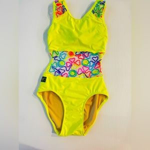 Kandi Kouture leotard - bright yellow with neon mesh - Teen XS (adult 0/2)